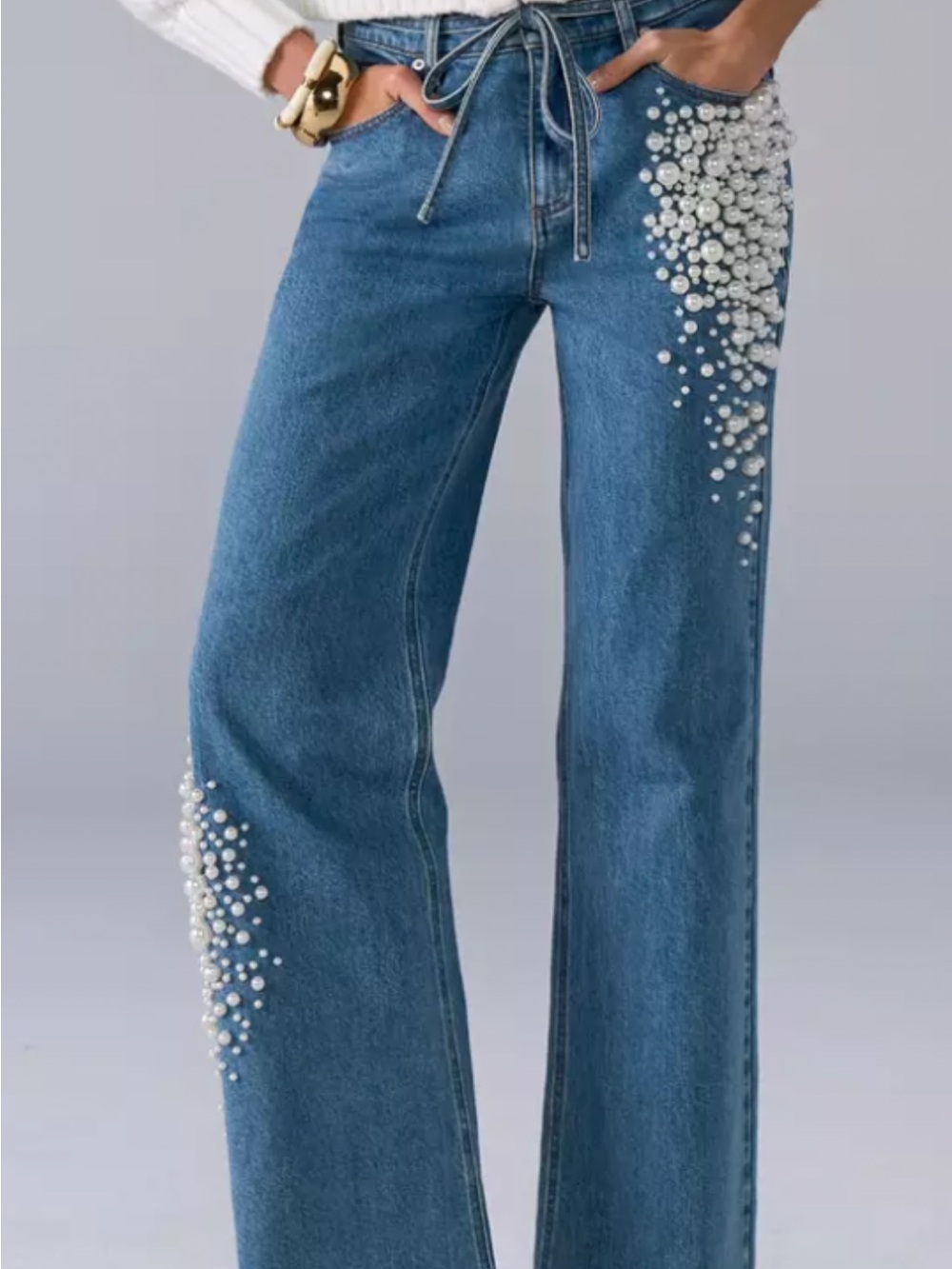 Embellished Wide-Leg Blue Jeans with Pearl Detail